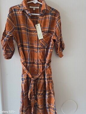 Speed Limit 98 Orange and Blue Plaid Midi Shirt Dress